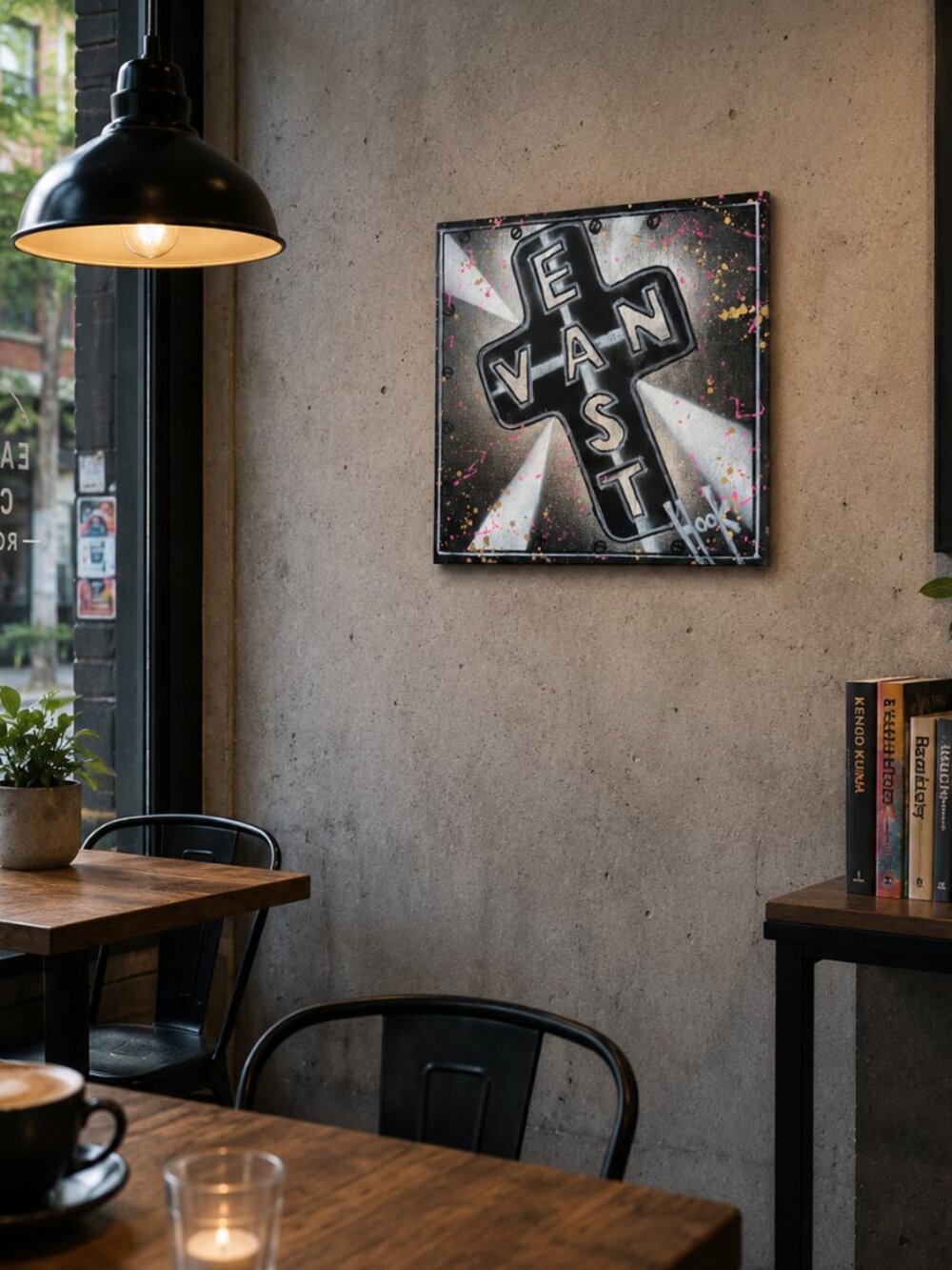 East Van Cross Original Urban Contemporary Painting Signed Hook on Wood
